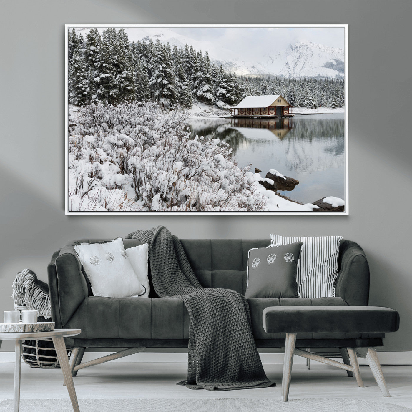 29975-MGV-CV-36X24-Winter Cabin by the Lake Wall Art – Snowy Mountain Landscape Canvas Print, Rustic Lodge Cabin Decor for Cozy Living Room, Bedroom
