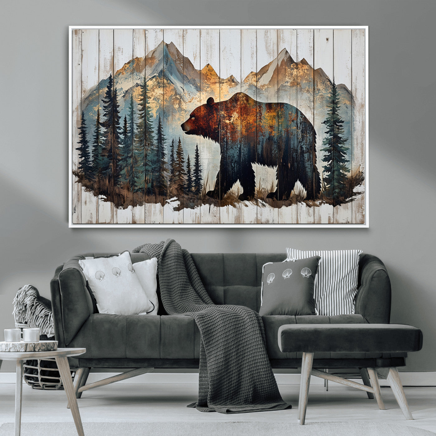 55777-MGV-CV-36X24-Rustic Bear Wall Art Canvas Print, Framed Mountain and Forest Art Picture Print, Wooden Bear Perfect Rustic Lodge Decor Artwork