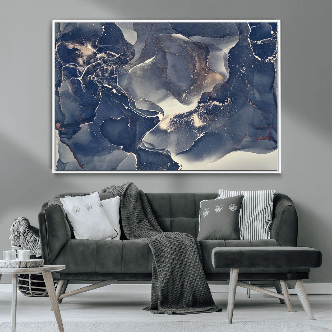 28282-MGV-CV-36X24-Blue Abstract Wall Art – Modern Ink Swirl Canvas Print, Contemporary Navy and Gold Painting for Living Room, Bedroom, Office or