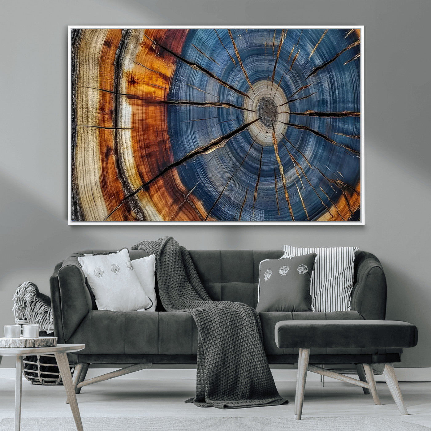 10583-MGV-CV-36X24-Tree Ring Wall Art – Abstract Wood Grain Canvas Print with Blue and Brown Tones, Nature Inspired Rustic Artwork for Living Room,