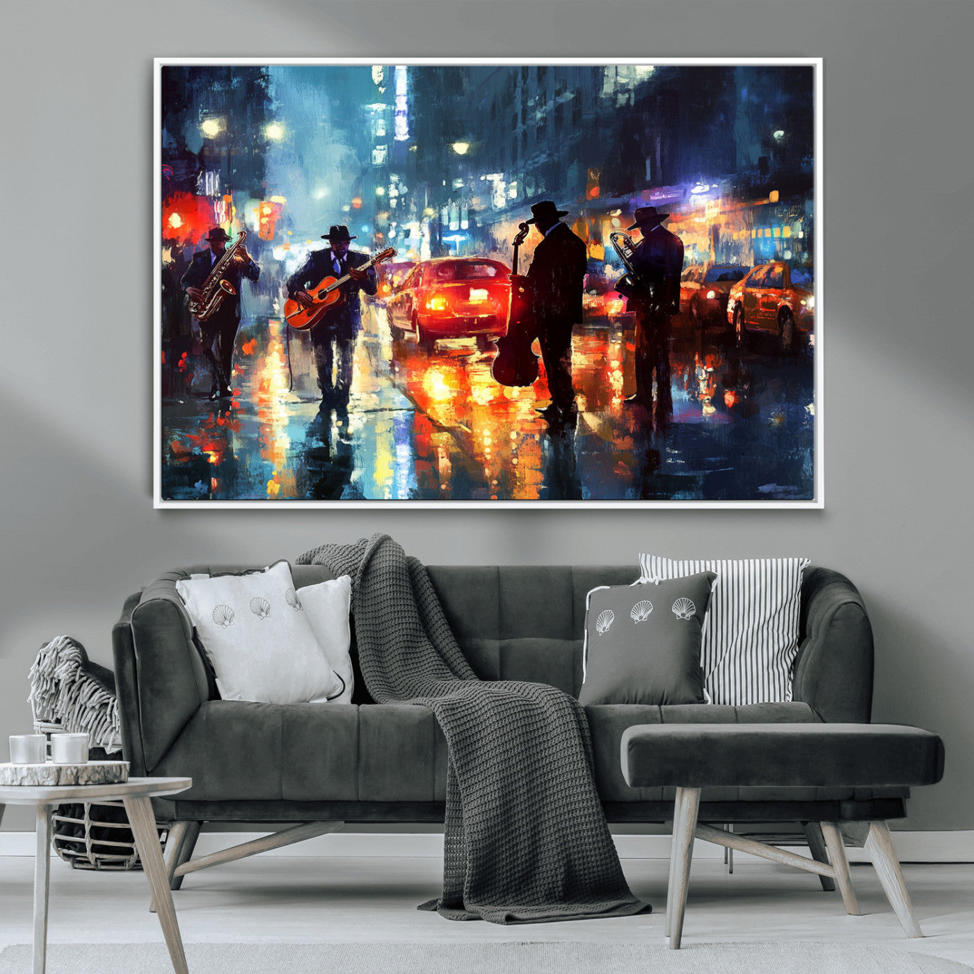 94605-MGV-CV-36X24-City Jazz Night Wall Art – Vibrant Music Canvas Print Featuring Saxophone, Guitar and Bass Players, Urban Street Scene Artwork for