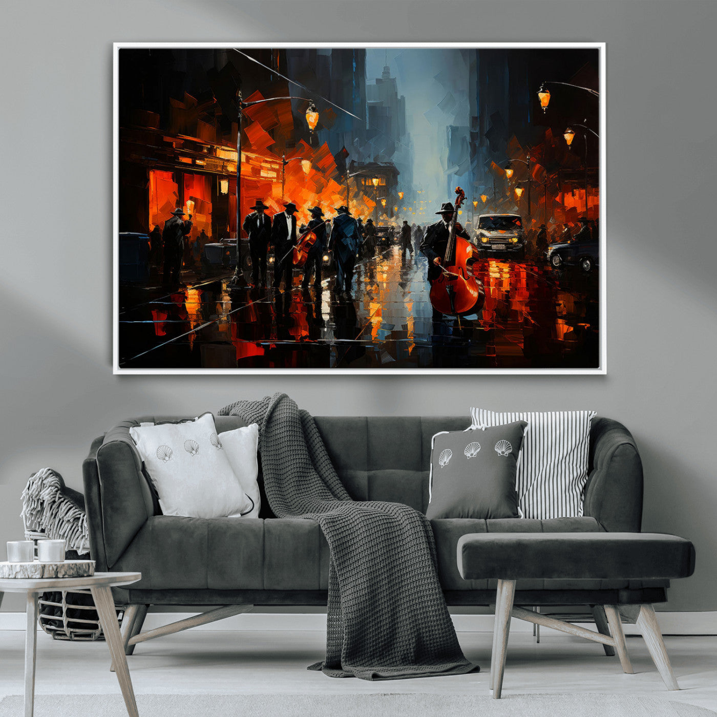 46538-MGV-CV-36X24-Urban Jazz Night Wall Art – Dramatic Music Canvas Print with Double Bass and Street Musicians, Modern City Scene Artwork for