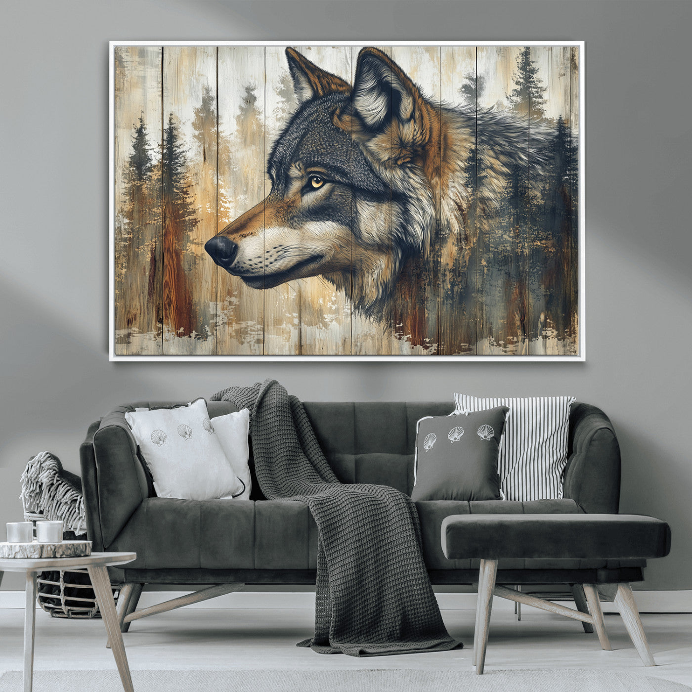 91882-MGV-CV-36X24-Wolf Wall Art – Rustic Canvas Print of Forest Wolf on Wood Background, Wildlife Lodge Artwork for Living Room, Bedroom, Cabin, or