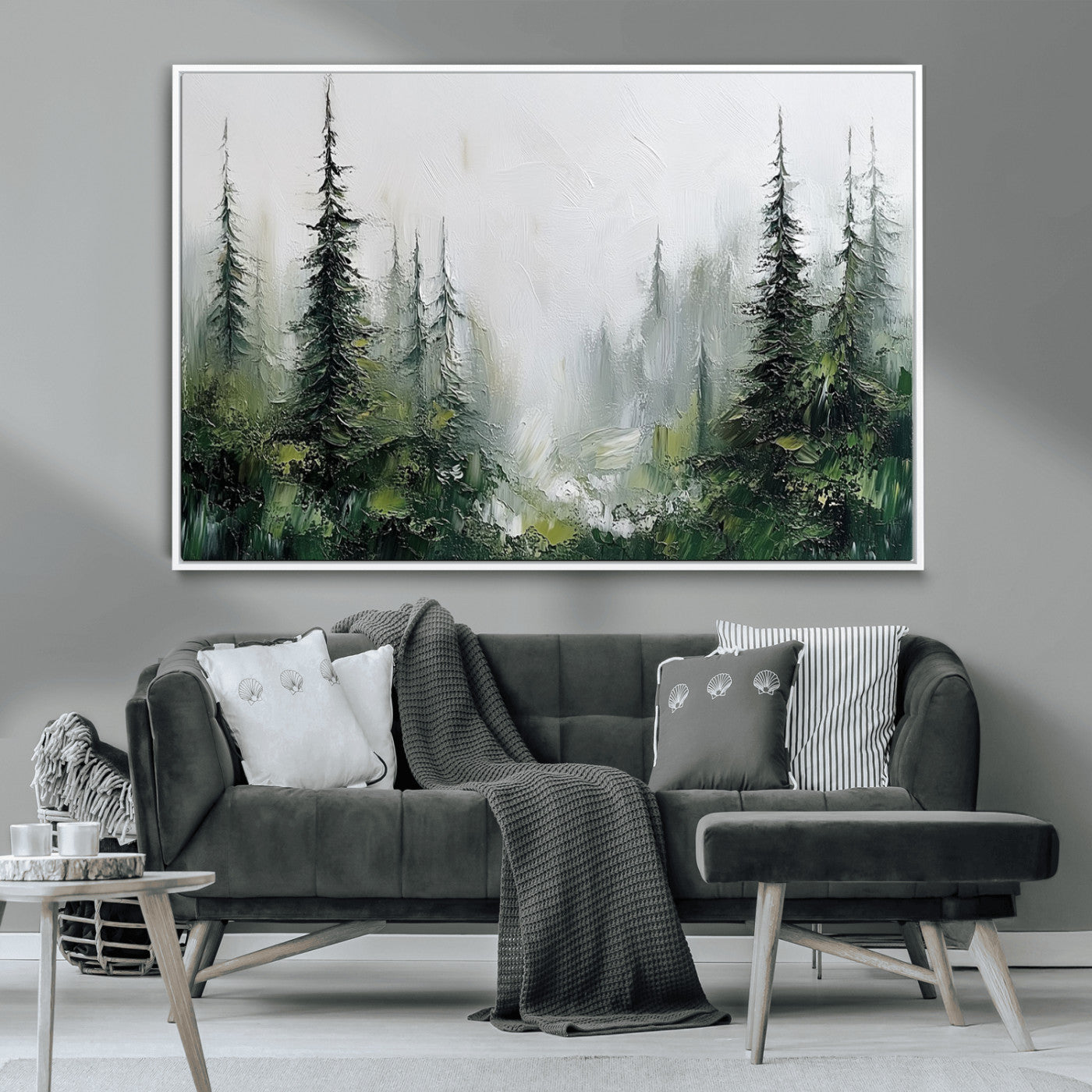 76014-MGV-CV-36X24-Forest Wall Art – Textured Canvas Print Featuring Misty Evergreen Pines and Woodland Landscape, Rustic Nature Artwork for Living