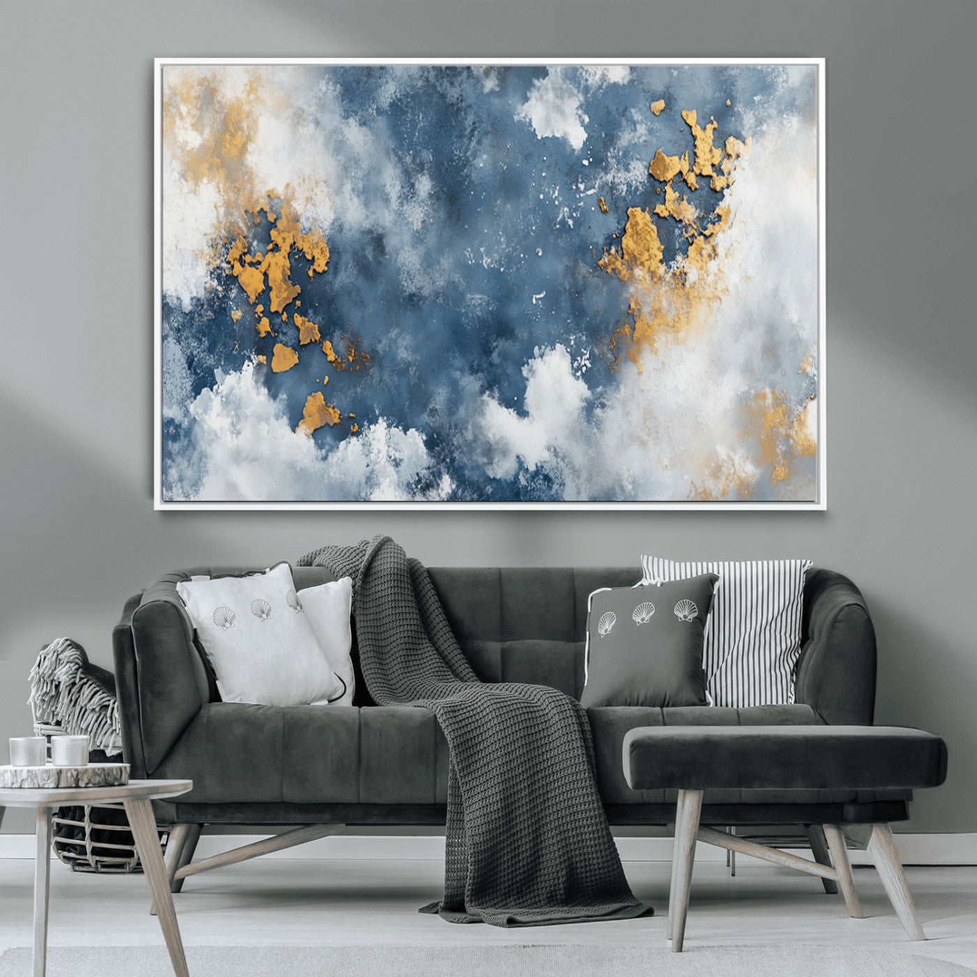 39575-MGV-CV-36X24-Blue and Gold Abstract Wall Art – Modern Canvas Print Featuring Cloudy Textures with Metallic Accents, Contemporary Artwork for