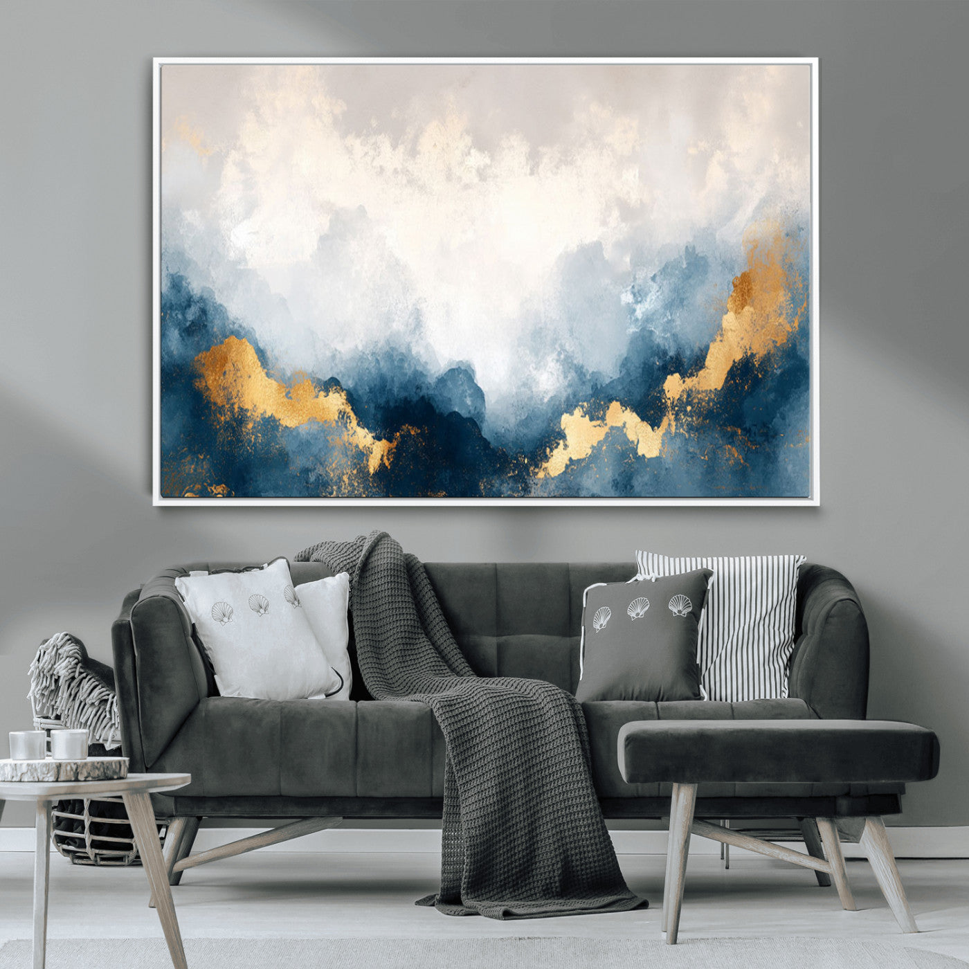 14578-MGV-CV-36X24-Abstract Wall Art – Modern Canvas Print Featuring Blue and White Clouds with Golden Accents, Contemporary Elegant Artwork for