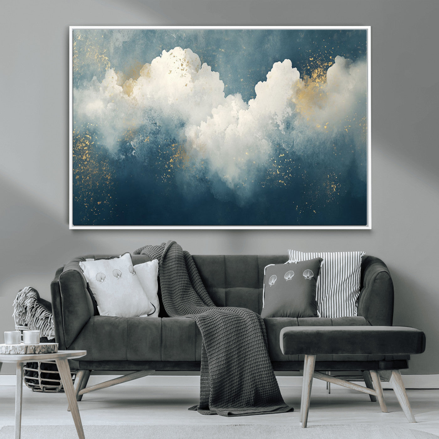 75131-MGV-CV-36X24-Abstract Cloud Wall Art – Modern Canvas Print Featuring Blue and White Clouds with Golden Accents, Contemporary Artwork for Living