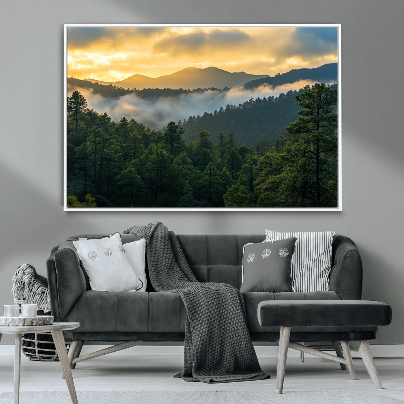 68082278-MGV-CV-36X24-Mountain Sunrise Wall Art Canvas Print, Framed Pine Forest Art Picture Print, Misty Mountains Perfect Earthy Woodland Decor