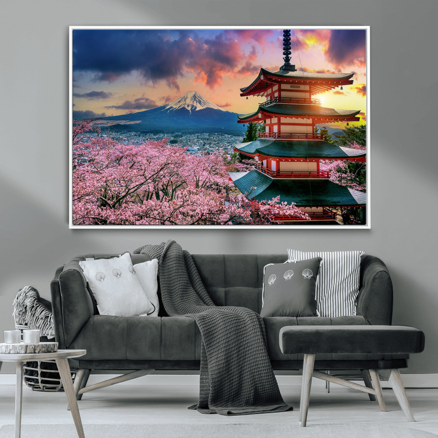 32331262-MGV-CV-36X24-Mount Fuji Japan Wall Art – Cherry Blossom Landscape Canvas Print, Chureito Pagoda Sunset Photography, Japanese Nature Travel