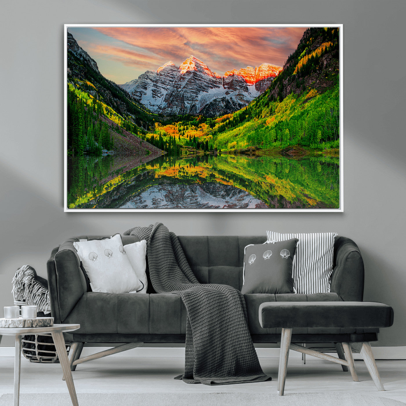 59533484-MGV-CV-36X24-Maroon Bells Autumn Wall Art – Panoramic Mountain Landscape Canvas Print, Sunset Reflection Nature Artwork for Living Room, Office
