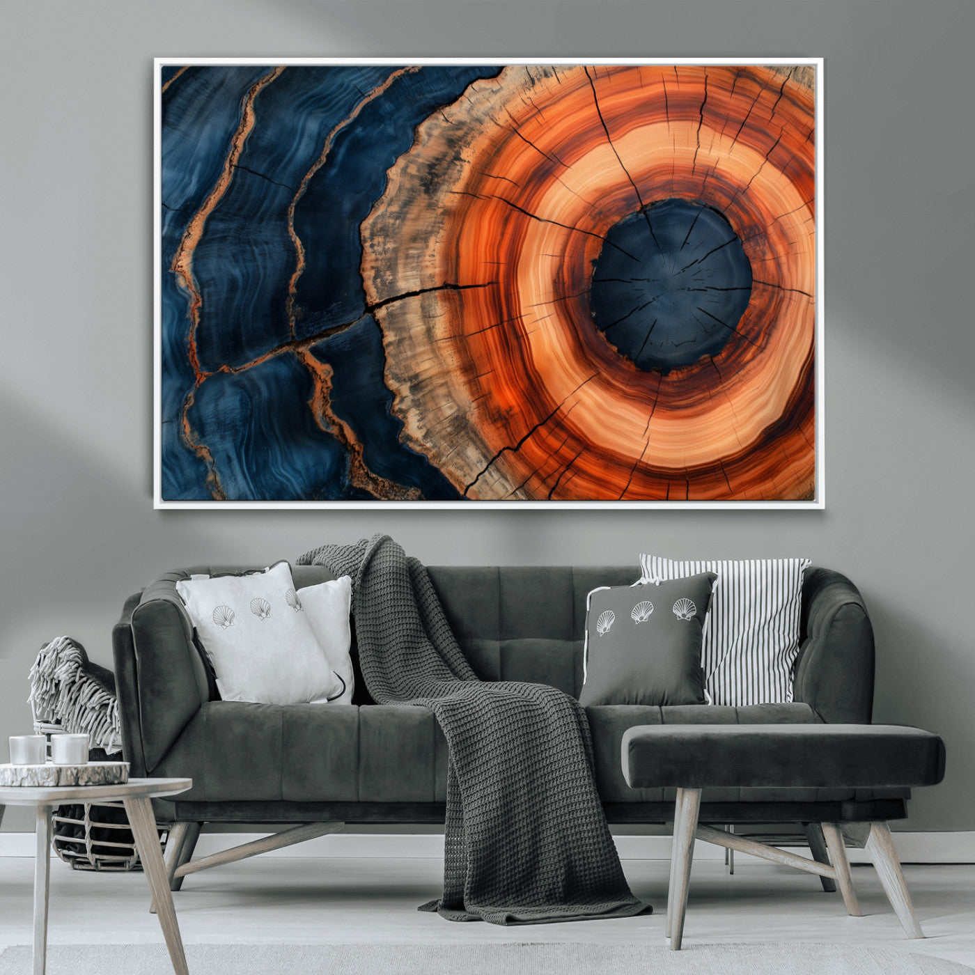 41123192-MGV-CV-36X24-Tree Ring Canvas Wall Art – Abstract Blue Orange Wood Grain Print, Rustic Modern Nature Artwork for Living Room, Bedroom, Office