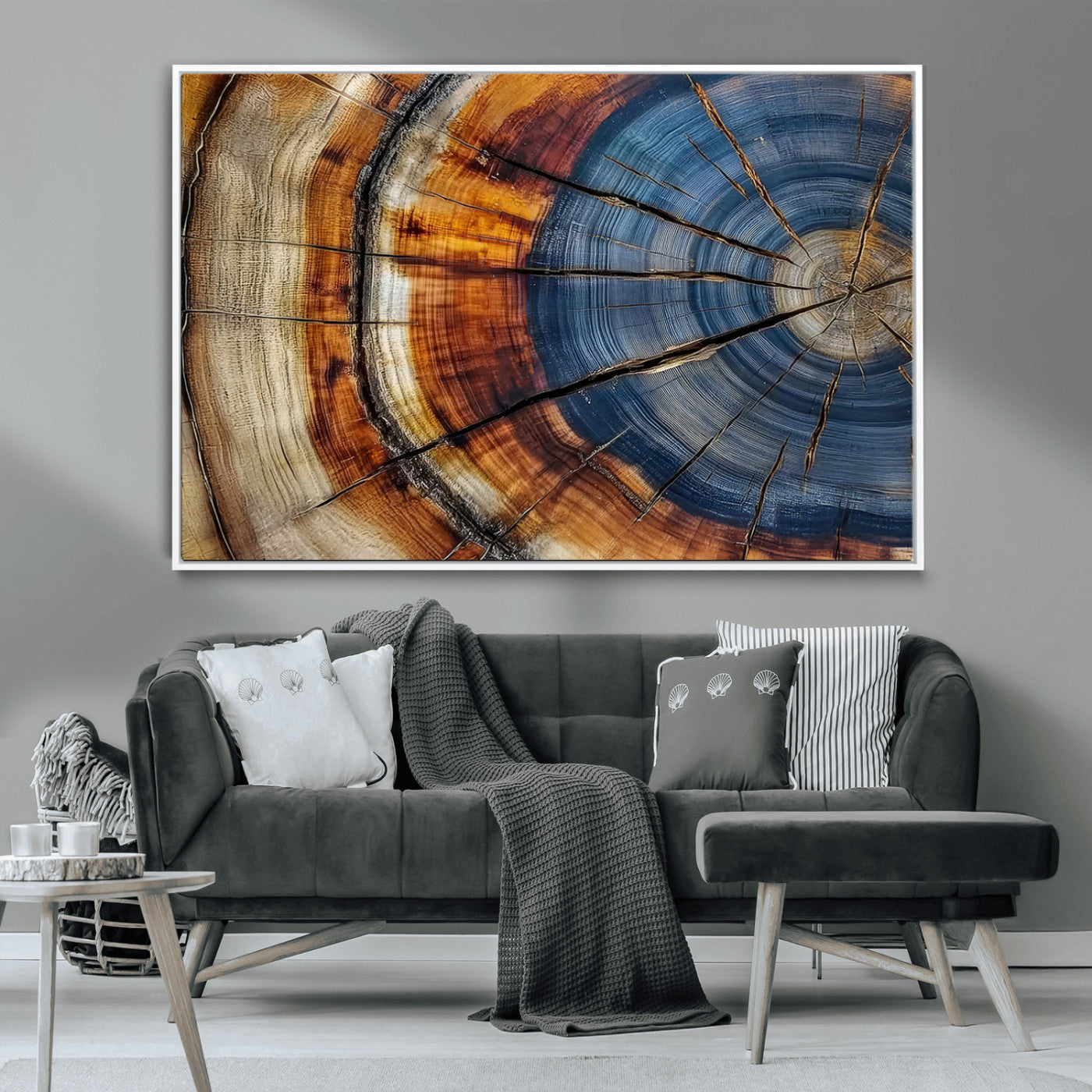 18032999-MGV-CV-36X24-Tree Ring Wall Art – Blue Brown Abstract Wood Slice Canvas Print, Rustic Modern Nature Decor for Living Room, Office, Bedroom or