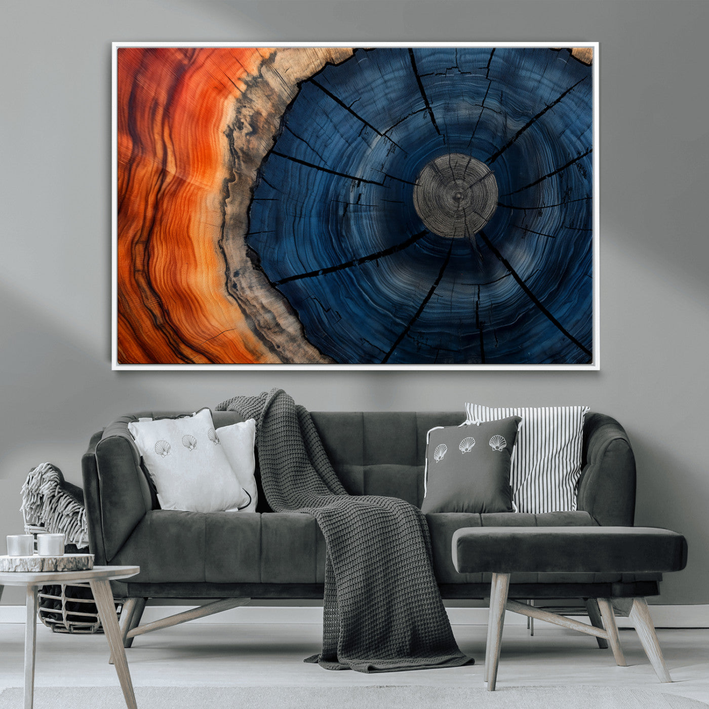 26110607-MGV-CV-36X24-Blue and Orange Tree Ring Wall Art – Abstract Wood Cross Section Canvas Print, Modern Rustic Nature Decor for Living Room, Office,
