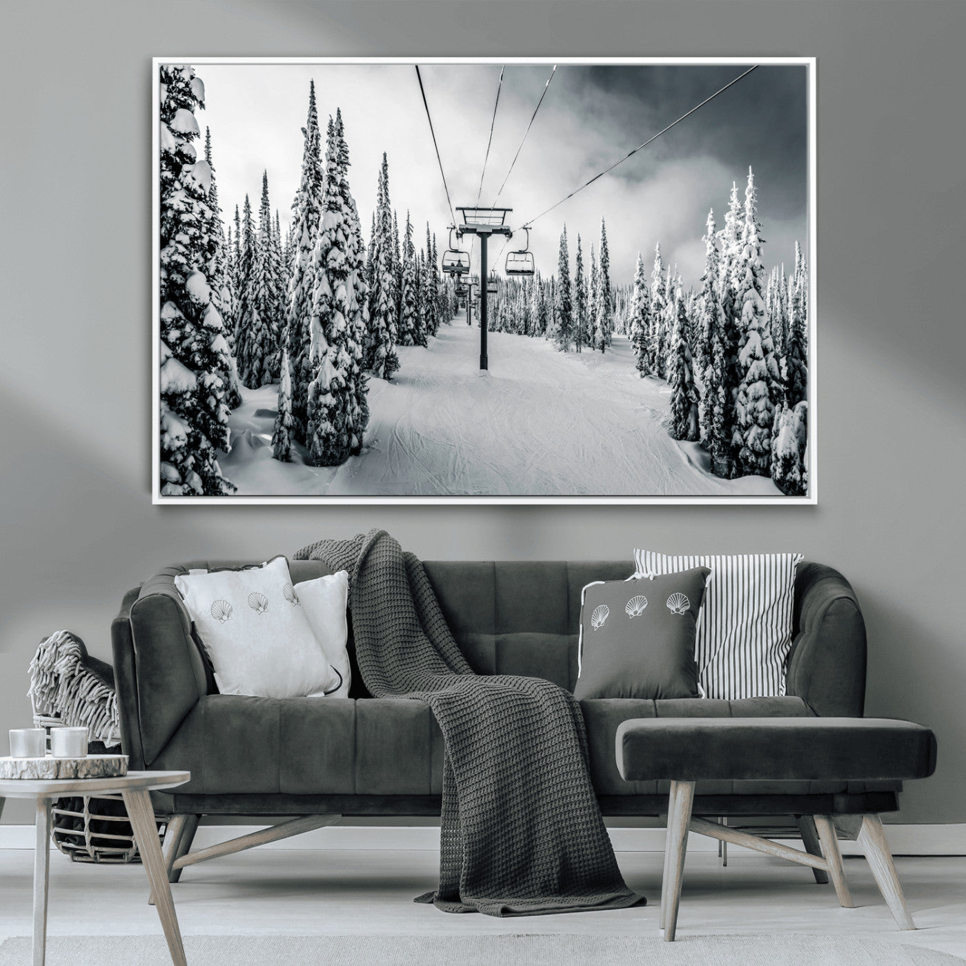 31156828-MGV-CV-36X24-Snowy Pines Wall Art Canvas Print, Framed Ski Lift Art Picture Print, Winter Forest Perfect Moody Lodge Decor Artwork