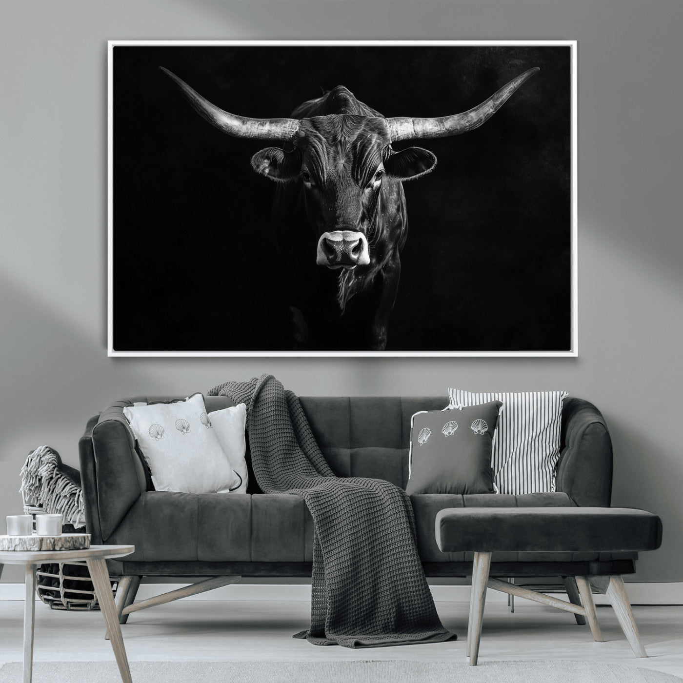 42077175-MGV-CV-36X24-Texas Longhorn Wall Art Canvas Print, Framed Monochrome Bull Art Picture Print, Horned Bull Perfect Rustic Western Decor Artwork