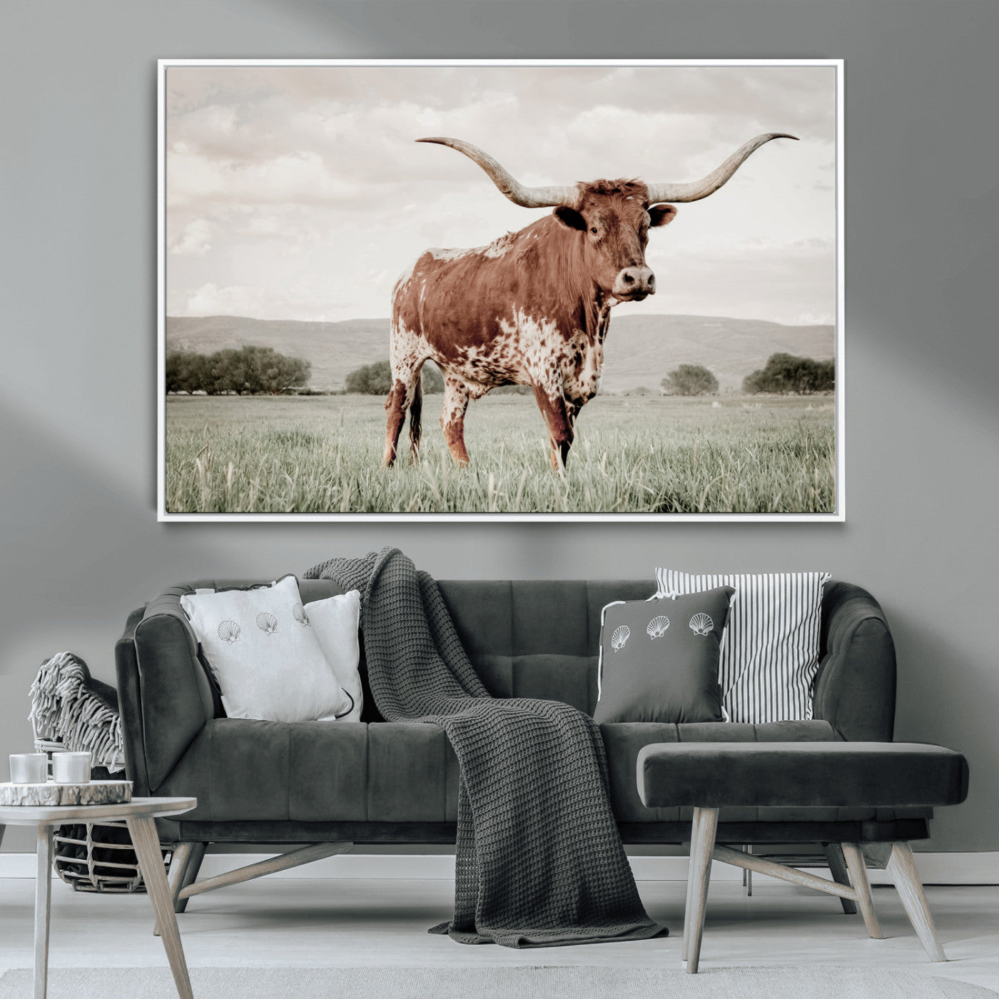 28309012-MGV-CV-36X24-Texas Longhorn Wall Art Canvas Print, Framed Spotted Cattle Art Picture Print, Horned Bull Perfect Rustic Western Decor Artwork