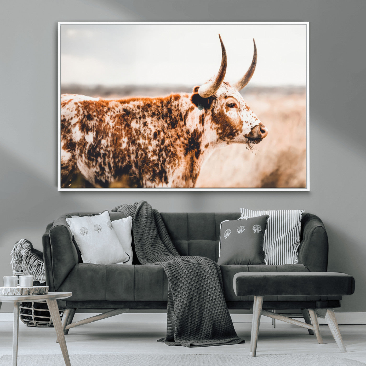 11528295-MGV-CV-36X24-Speckled Longhorn Wall Art Canvas Print, Framed Texas Cattle Art Picture Print, Horned Cow Perfect Rustic Western Decor Artwork