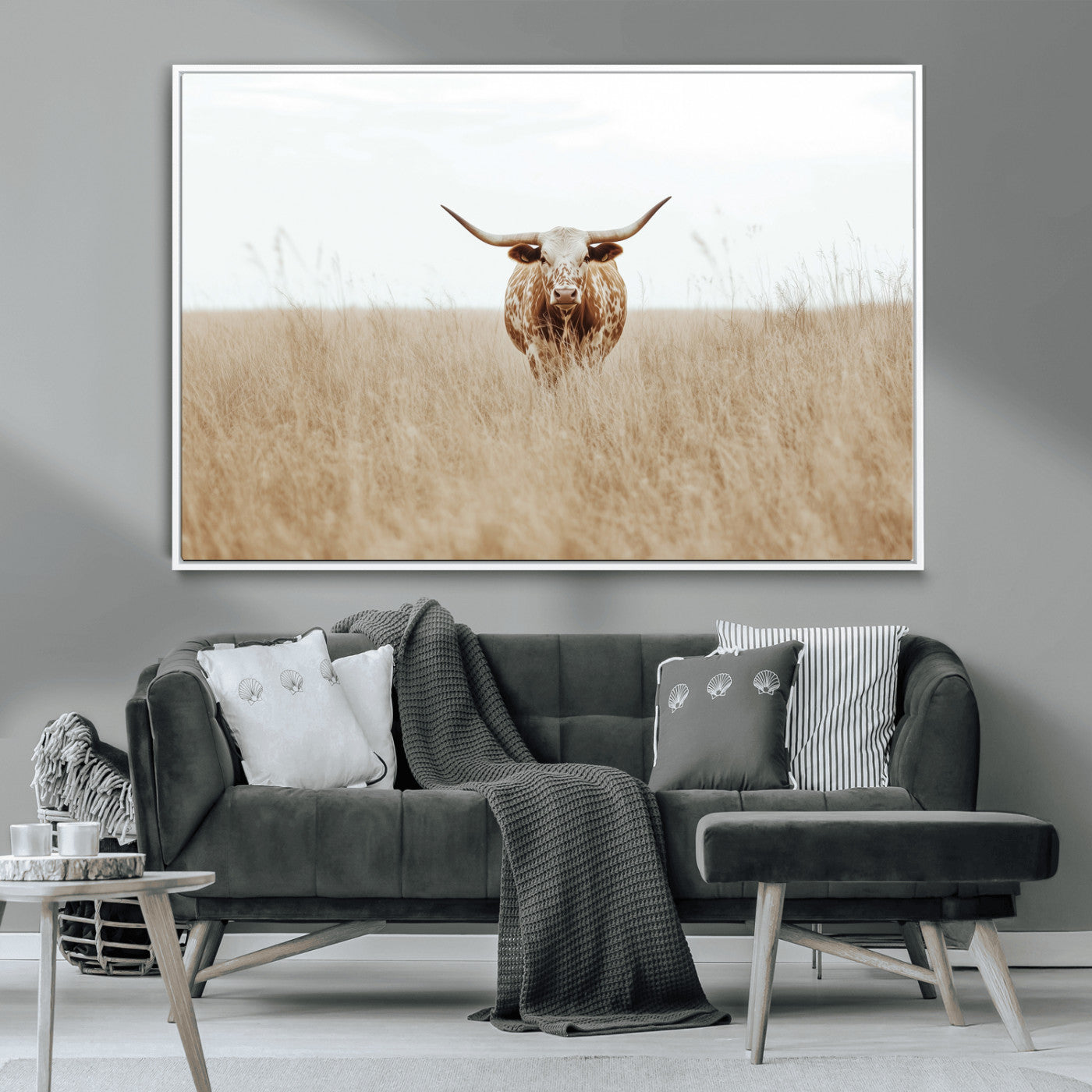 20927060-MGV-CV-36X24-Texas Longhorn Wall Art Canvas Print, Framed Lone Cattle Art Picture Print, Longhorn Bull Perfect Rustic Western Decor Artwork