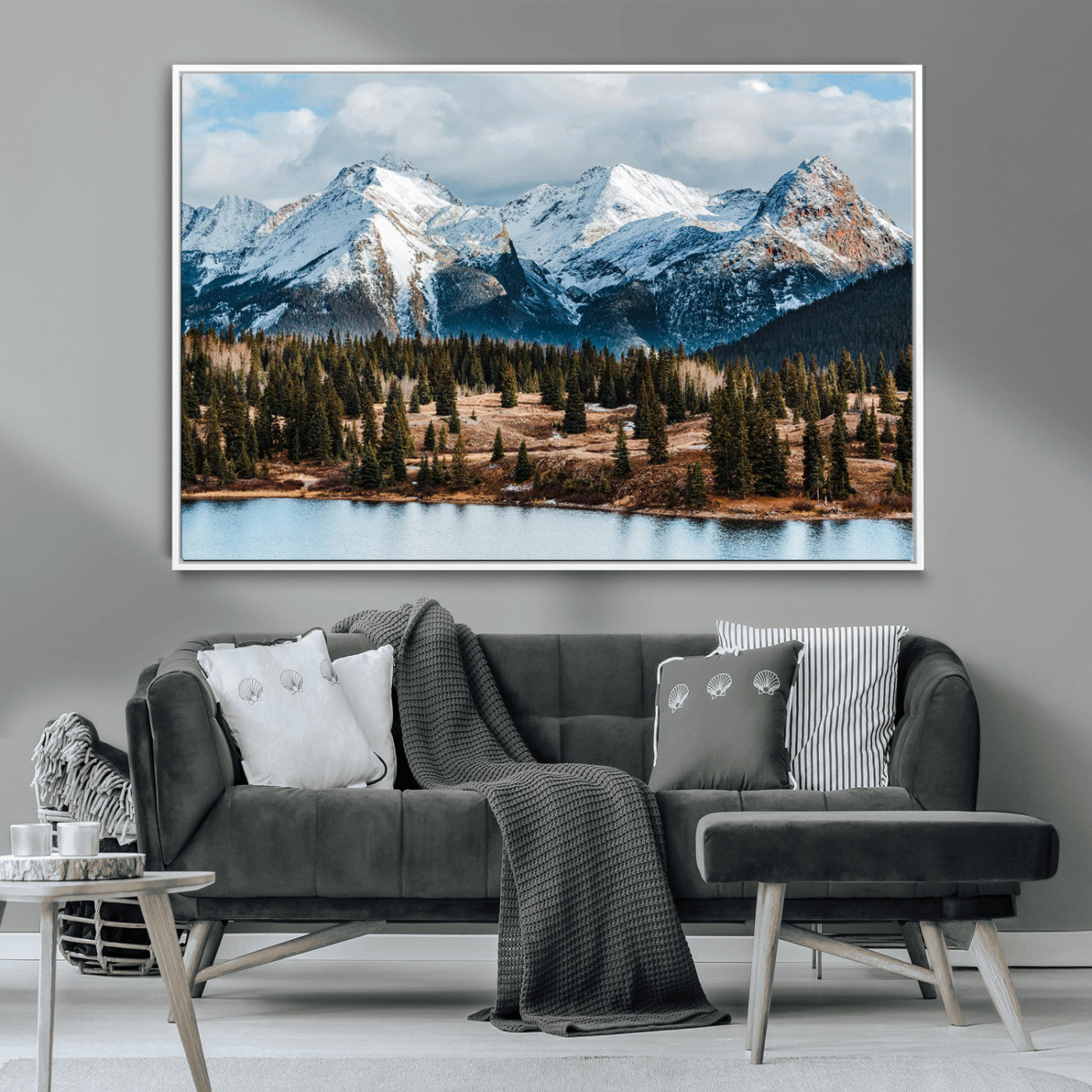 36247746-MGV-CV-36X24-Snowy Peaks Wall Art Canvas Print, Framed Alpine Lake Art Picture Print, Pine Forest Perfect Alpine Wilderness Decor Artwork