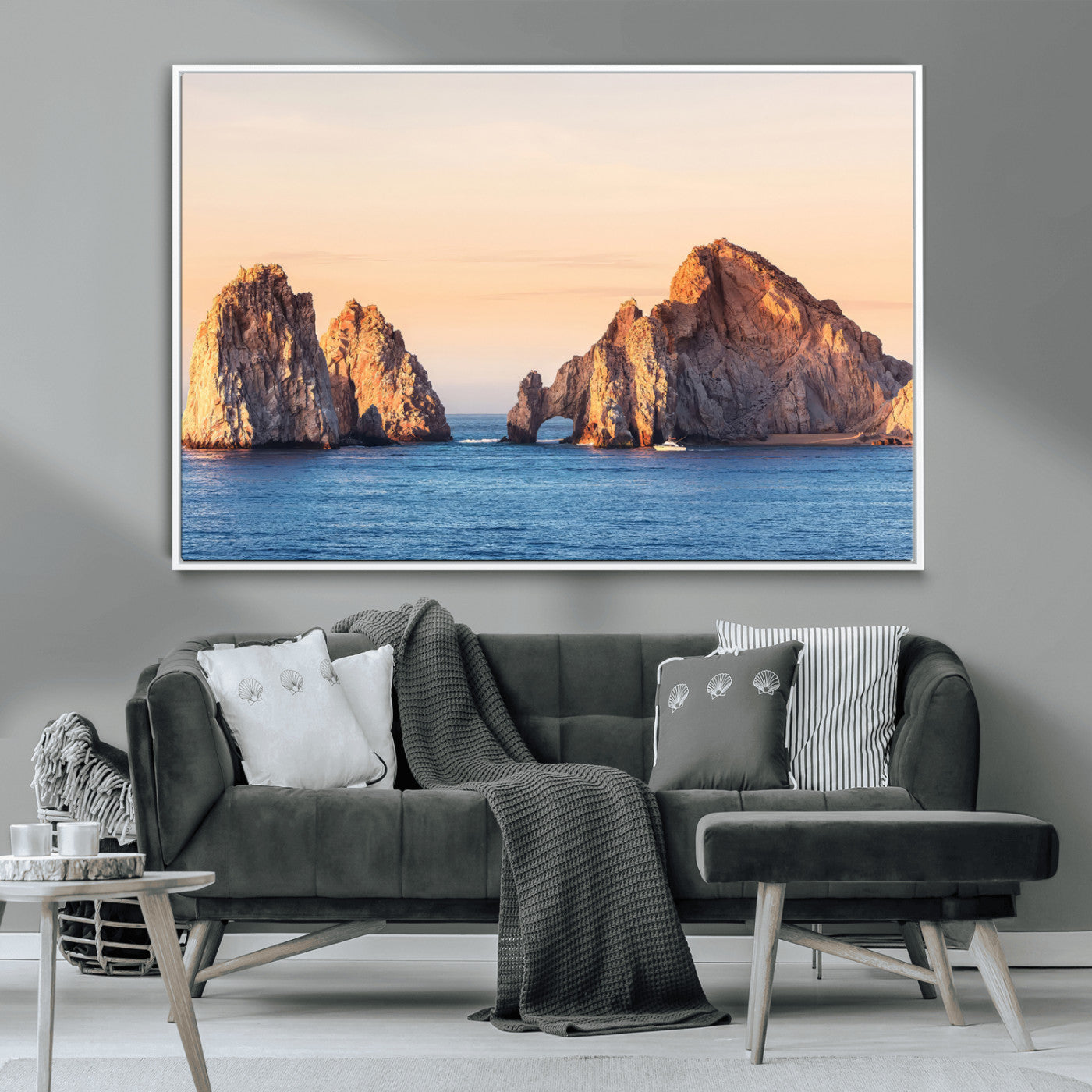 72996116-MGV-CV-36X24-El Arco Wall Art Canvas Print, Framed Cabo Rocks Art Picture Print, Ocean Arch Perfect Golden Coastal Landmark Decor Artwork
