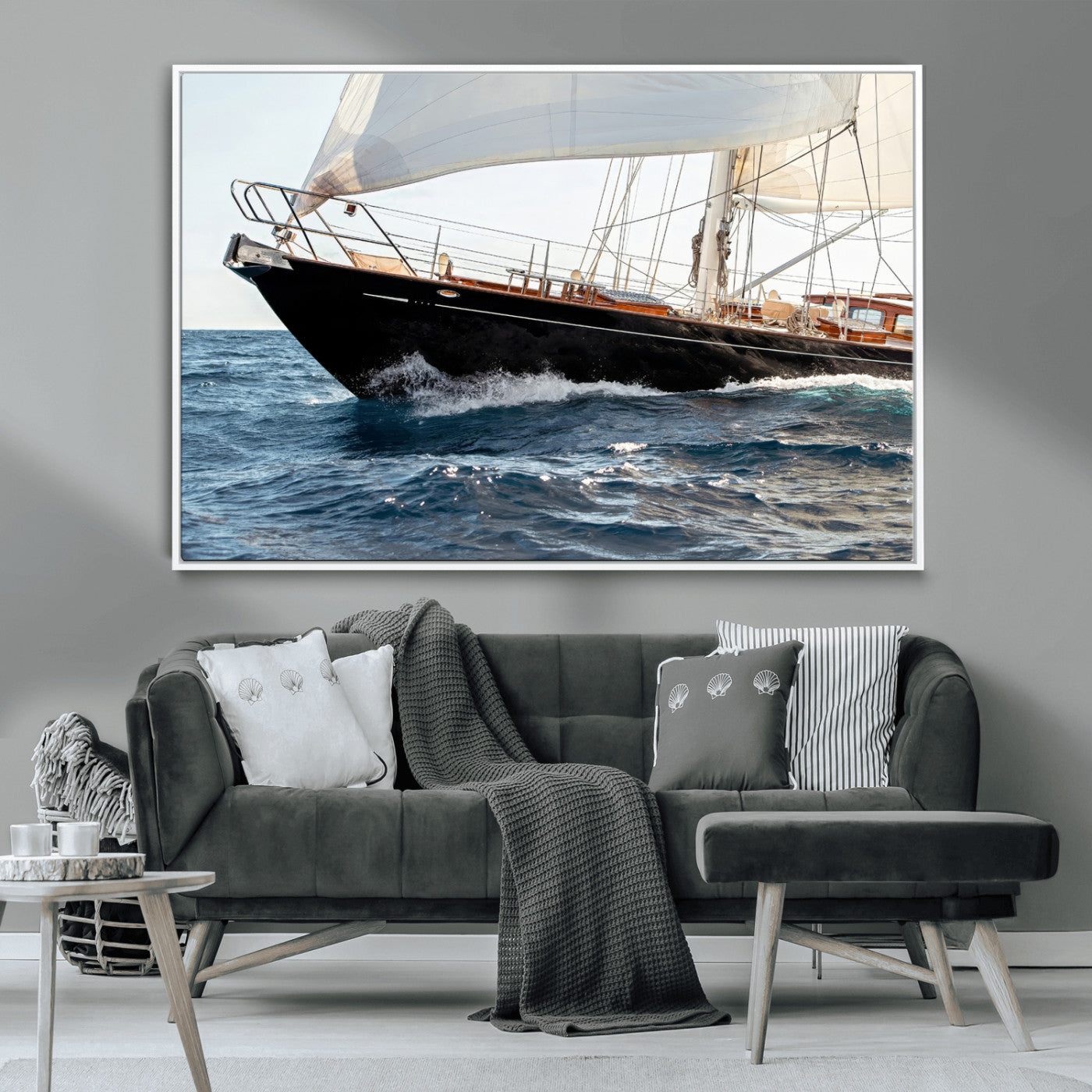 97168626-MGV-CV-36X24-Sailing Yacht Wall Art Canvas Print, Framed Wooden Yacht Art Picture Print, Ocean Waves Perfect Nautical Coastal Decor Artwork