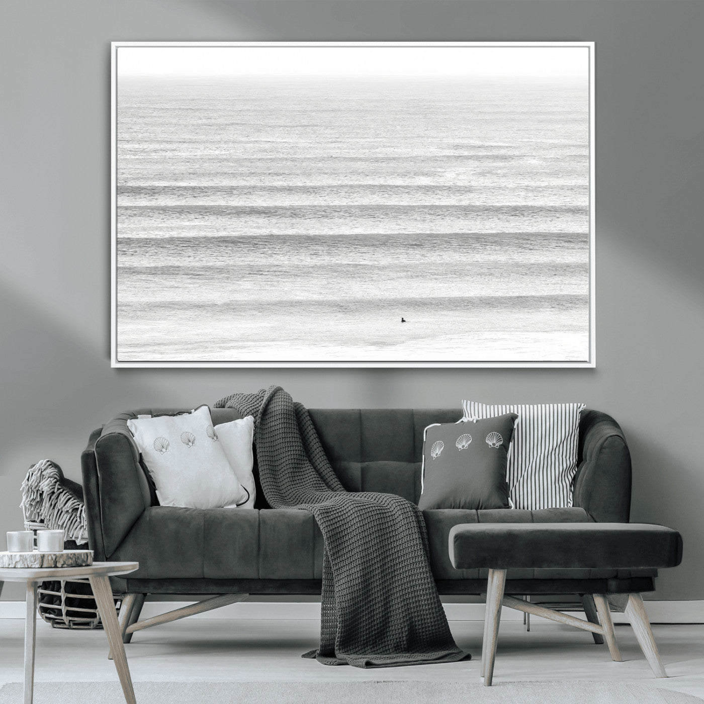 66534476-MGV-CV-36X24-Lone Surfer Wall Art Canvas Print, Framed Ocean Waves Art Picture Print, Minimal Sea Perfect Minimal Coastal Decor Artwork
