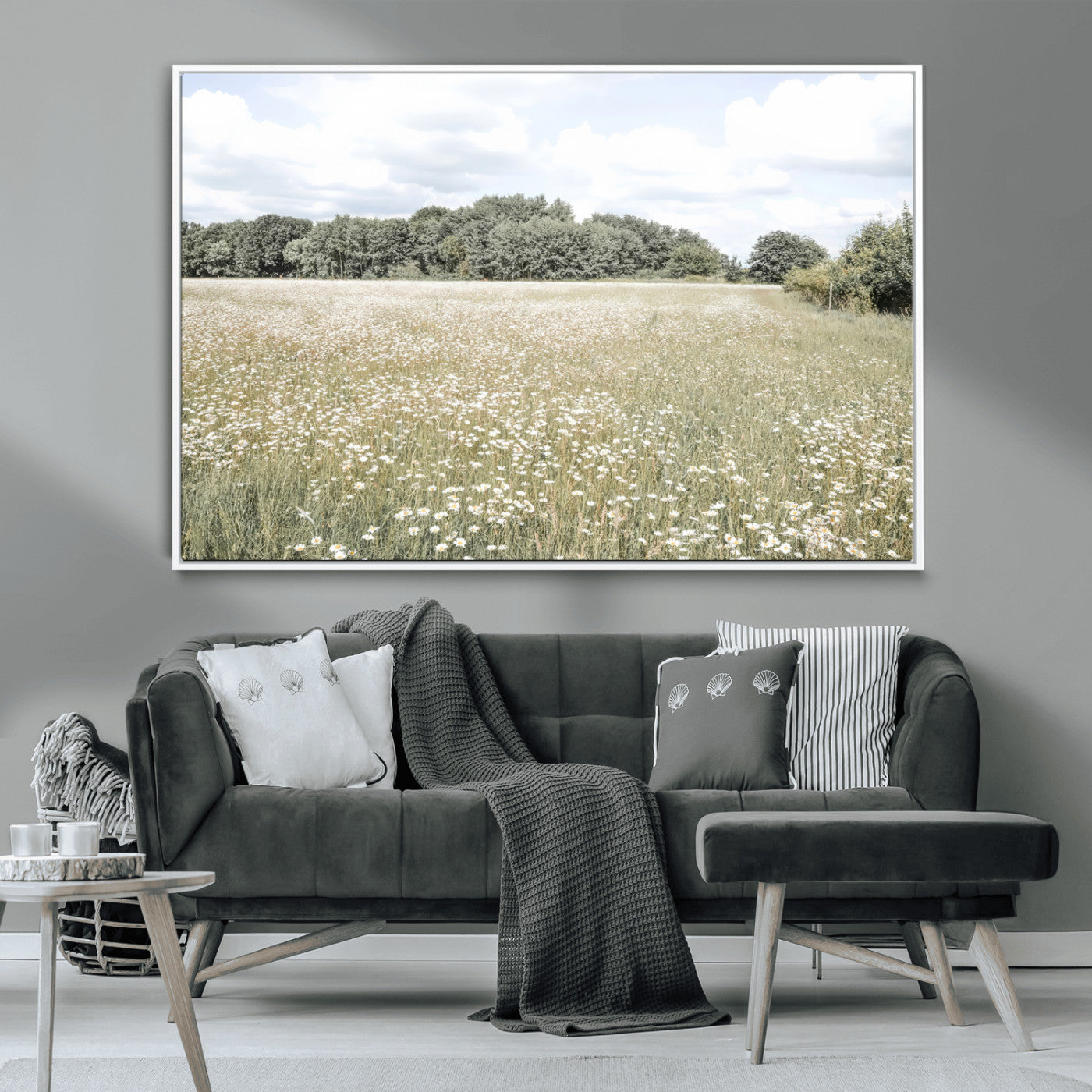 43258946-MGV-CV-36X24-Daisy Field Wall Art Canvas Print, Framed Pastel Flower Art Picture Print, Meadow Bloom Perfect Scandinavian Minimalist Decor
