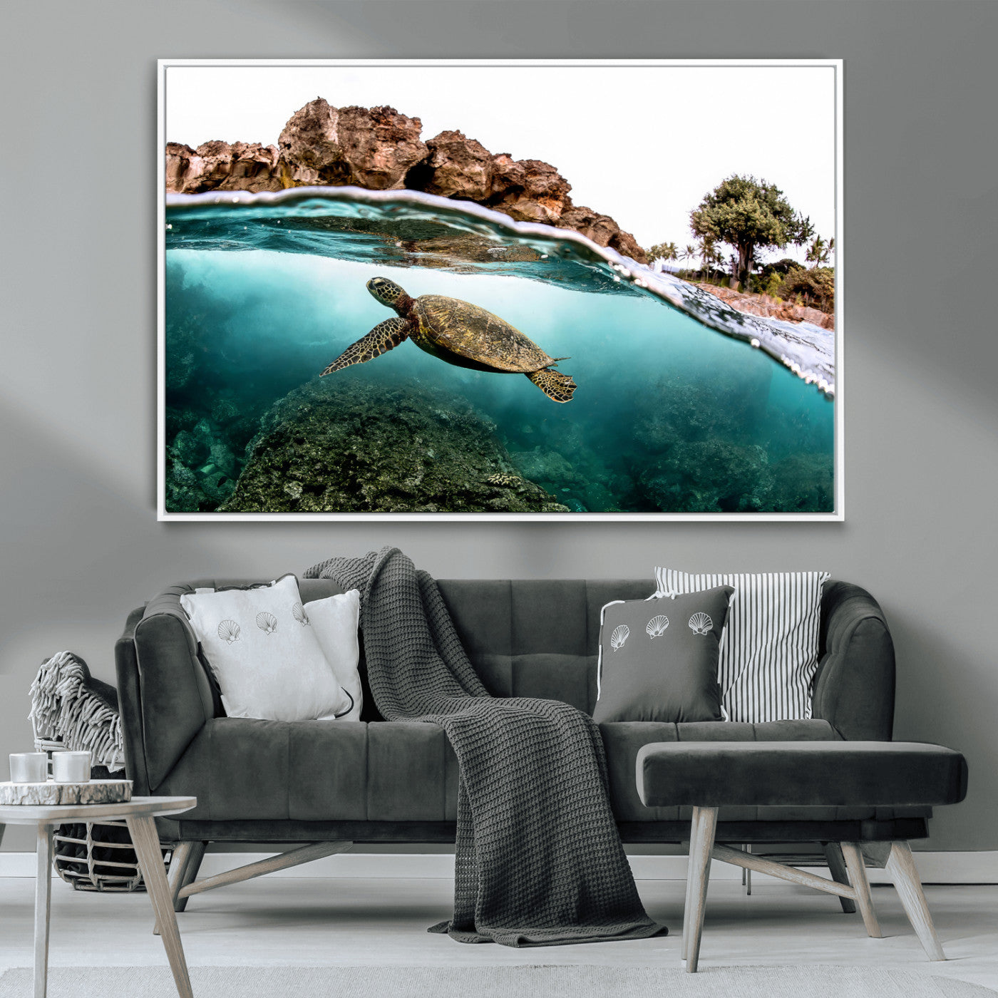 44200301-MGV-CV-36X24-Sea Turtle Swim Wall Art Canvas Print, Framed Ocean Life Art Picture Print, Tropical Shoreline Perfect Tropical Coastal Decor