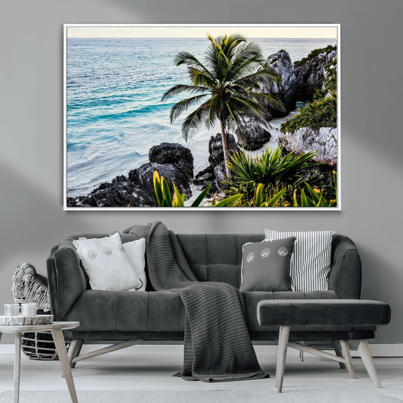 94669907-MGV-CV-36X24-Tropical Coastline Wall Art Canvas Print, Framed Palm Tree Art Picture Print, Rocky Beach Perfect Tropical Coastal Decor Artwork
