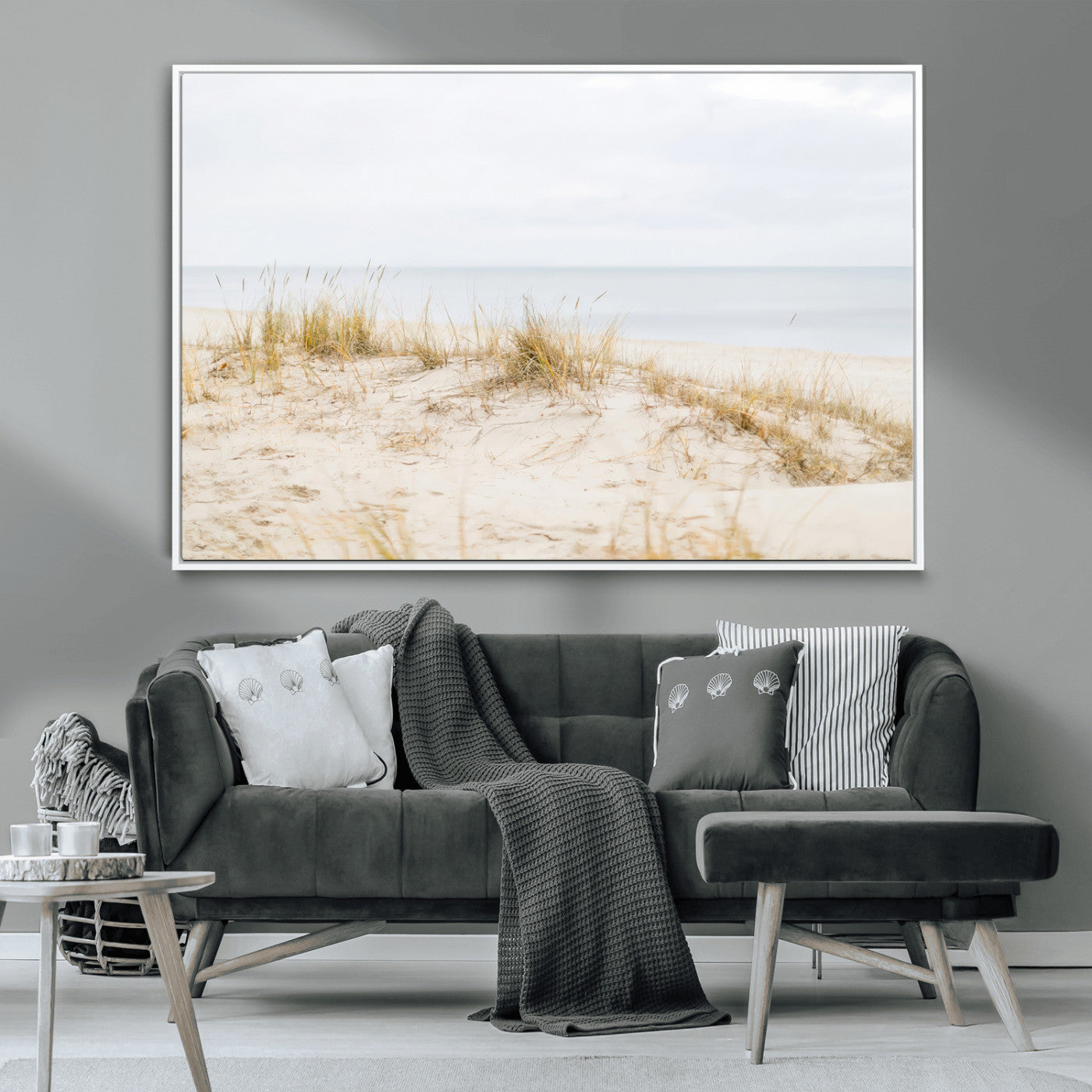 13146857-MGV-CV-36X24-Beach Dunes Wall Art Canvas Print, Framed Soft Horizon Art Picture Print, Coastal Grass Perfect Minimalist Coastal Decor Artwork