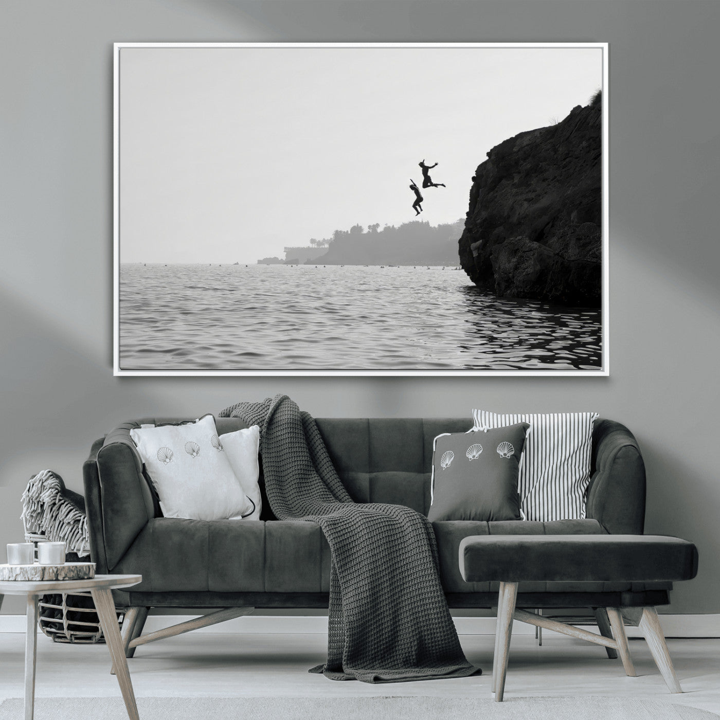 52284302-MGV-FC-36X24_White-Cliff Jumping Wall Art Canvas Print, Framed Ocean Adventure Art Picture Print, Black White Coast Perfect Modern Coastal Decor