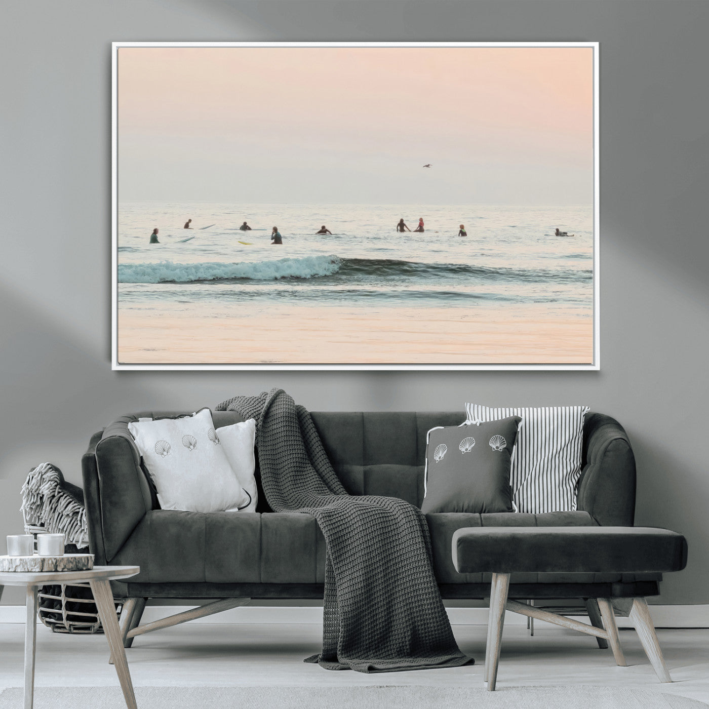 98888919-MGV-CV-36X24-Pastel Ocean Wall Art Canvas Print, Framed Soft Sunset Swimming Art Picture Print, Calm Sea Horizon Perfect Soft Coastal