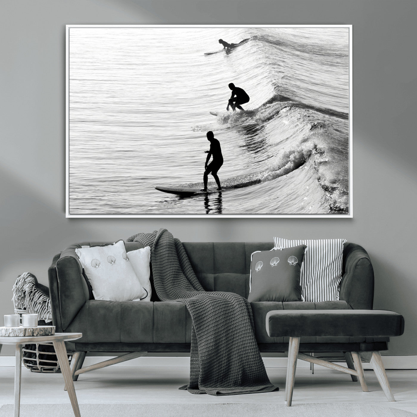 19875284-MGV-CV-36X24-Surfer Waves Wall Art Canvas Print, Framed Black White Surf Art Picture Print, Monochrome Ocean Perfect Modern Coastal Decor