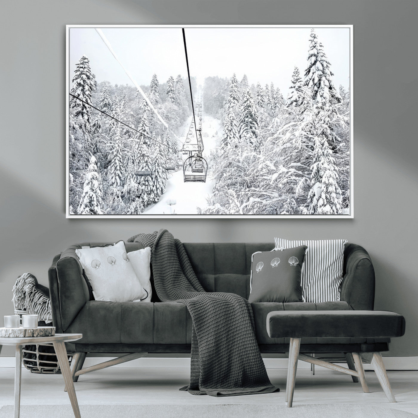 44705668-MGV-CV-36X24-Winter Forest Wall Art Canvas Print, Framed Snowy Forest Art Picture Print, Ski Lift Perfect Scandinavian Decor Artwork