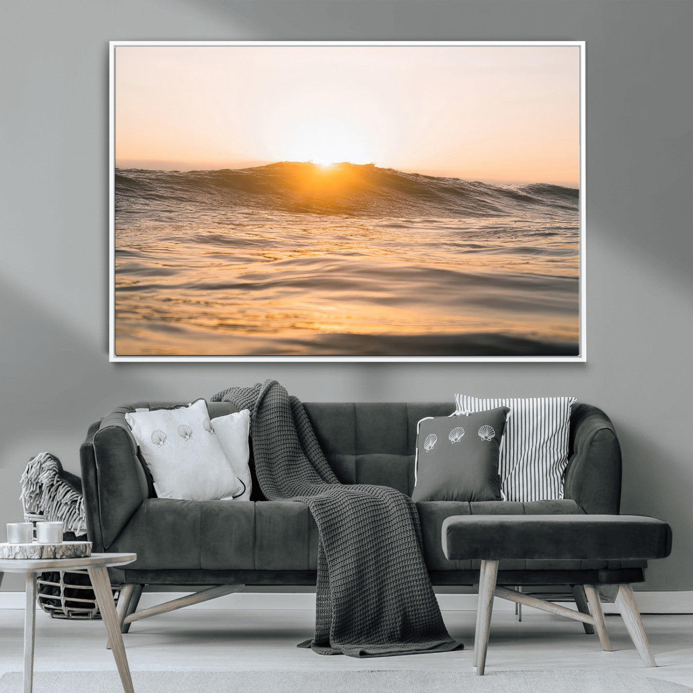 16973771-MGV-CV-36X24-Calm Water Wall Art Canvas Print, Framed Sunset Waves Art Picture Print, Coastal Warmth Perfect Warm Minimalist Decor Artwork