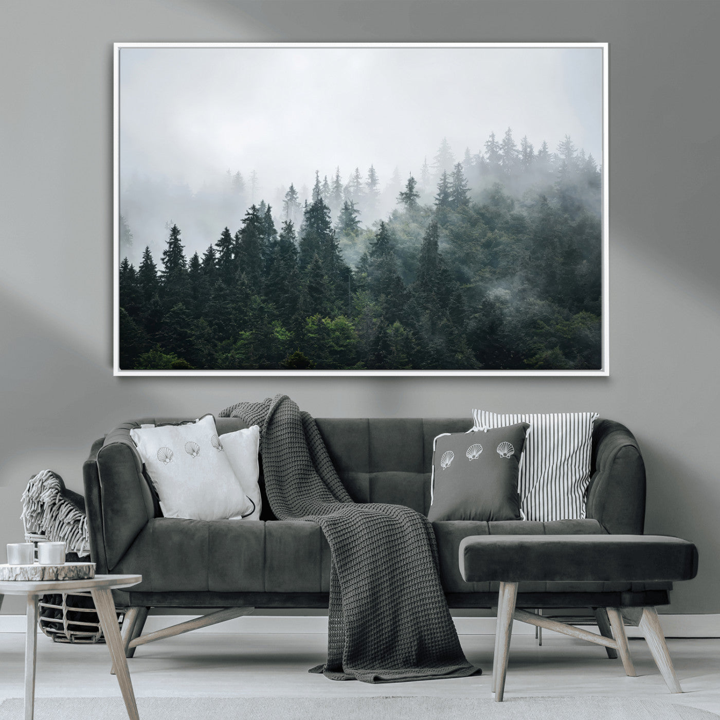 84146572-MGV-CV-36X24-Foggy Pine Trees Wall Art Canvas Print, Framed Forest Nature Art Picture Print, Evergreen Forest Perfect Scandinavian Minimalist