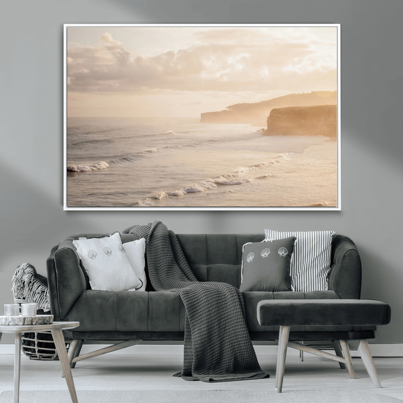 57669769-MGV-CV-36X24-Misty Coastal Wall Art Canvas Print, Framed Golden Sunset Art Picture Print, Serene Shoreline Perfect Tranquil Coastal Decor