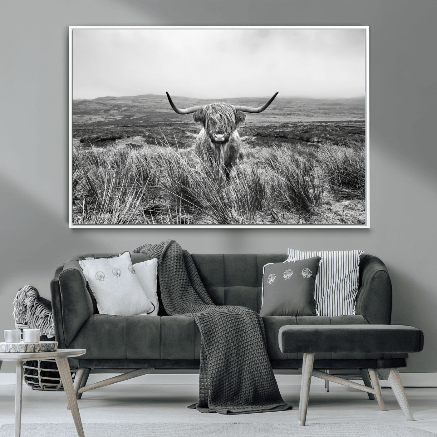 24051061-MGV-CV-36X24-Monochrome Highland Cow Wall Art Canvas Print, Framed Scottish Bull Art Picture Print, Lone Cattle Perfect Rustic Farmhouse Decor