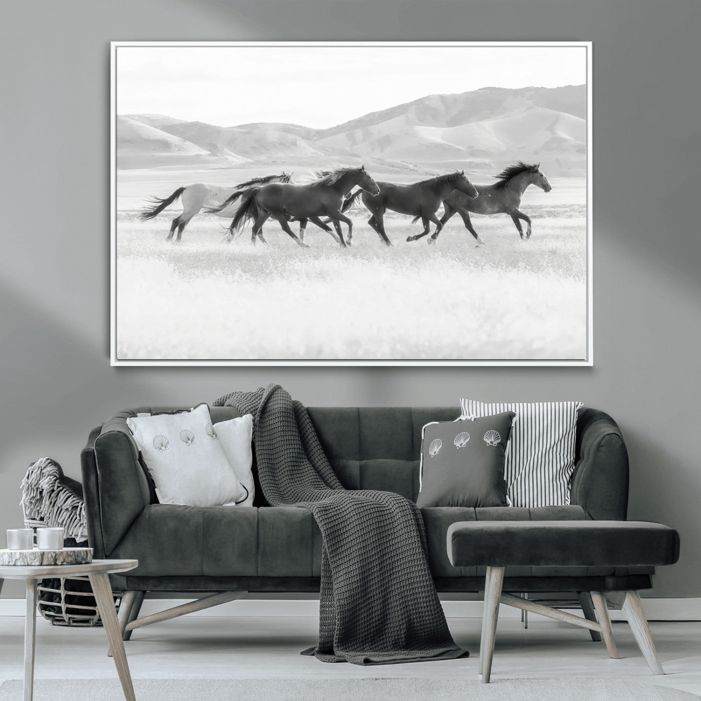 69934913-MGV-CV-36X24-Wild Horses Running Wall Art Canvas Print, Framed Black White Mustangs Art Picture Print, Rustic Western Perfect Rustic Western