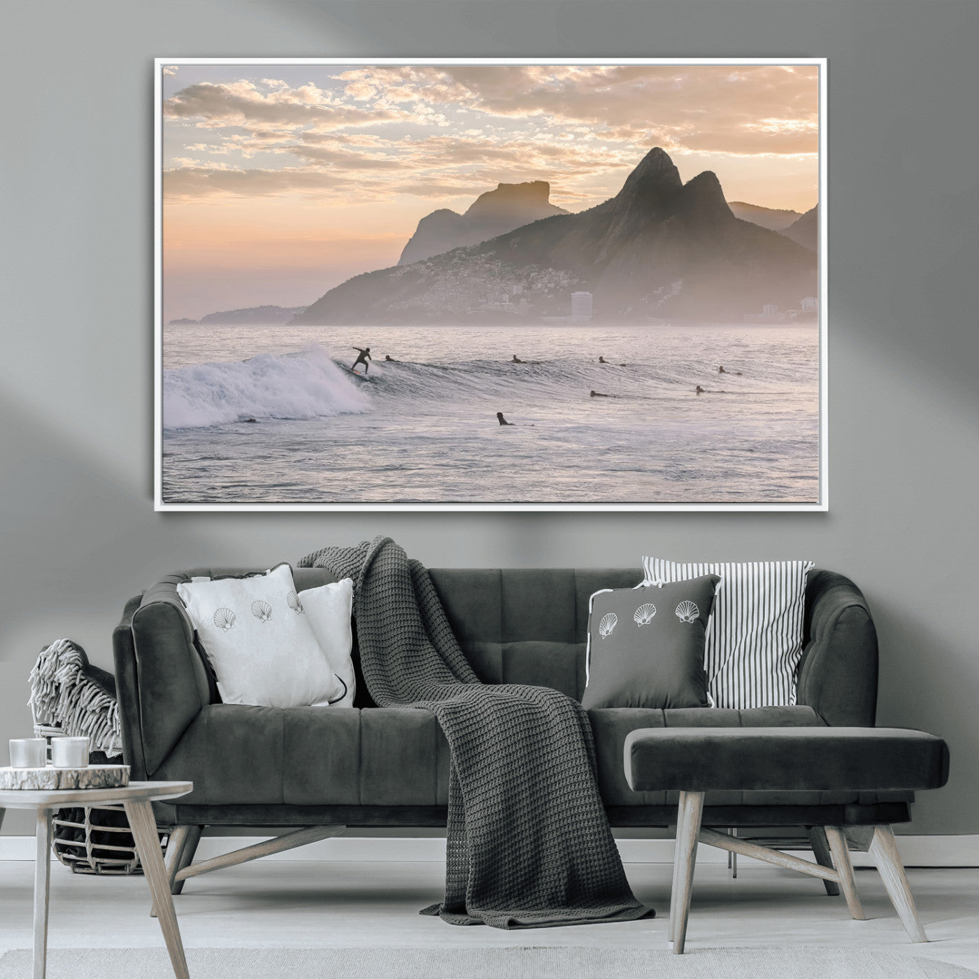 70644906-MGV-CV-36X24-Sunset Surfing Wall Art Canvas Print, Framed Misty Mountains Art Picture Print, Surfer Riding Wave Perfect Coastal Adventure Decor