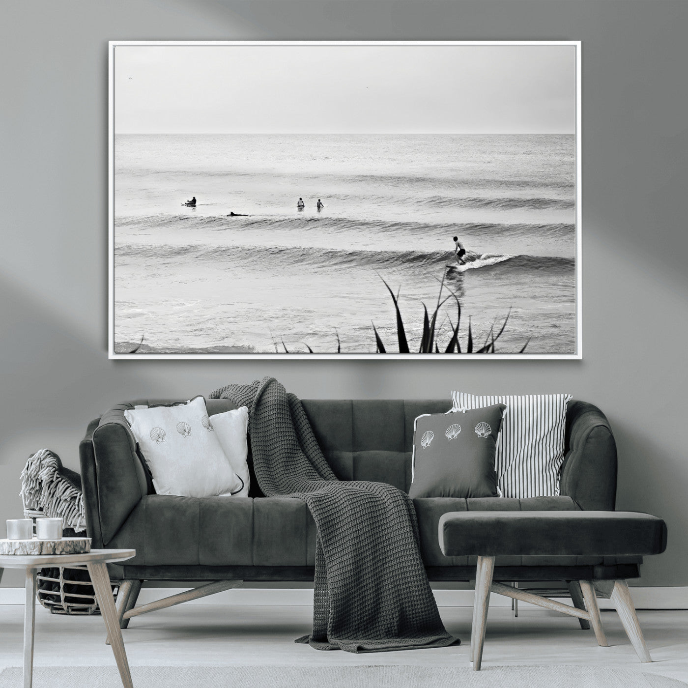 33821421-MGV-CV-36X24-Surfer Silhouette Wall Art Canvas Print, Framed Calm Ocean Art Picture Print, Monochrome Surf Perfect Minimalist Coastal Decor