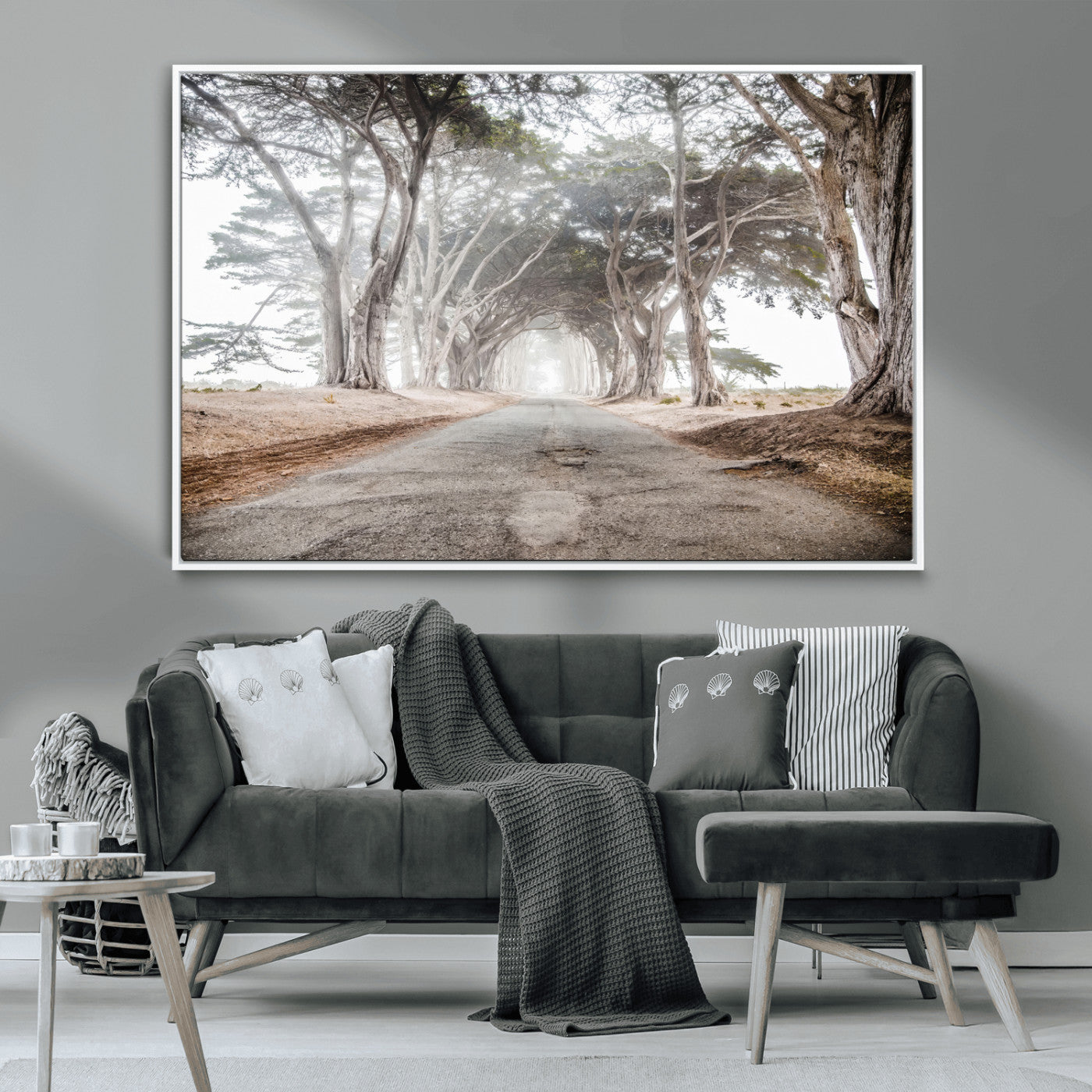 87090469-MGV-CV-36X24-Cypress Tunnel Wall Art Canvas Print, Framed Misty Road Art Picture Print, Foggy Trees Perfect Rustic Woodland Decor Artwork