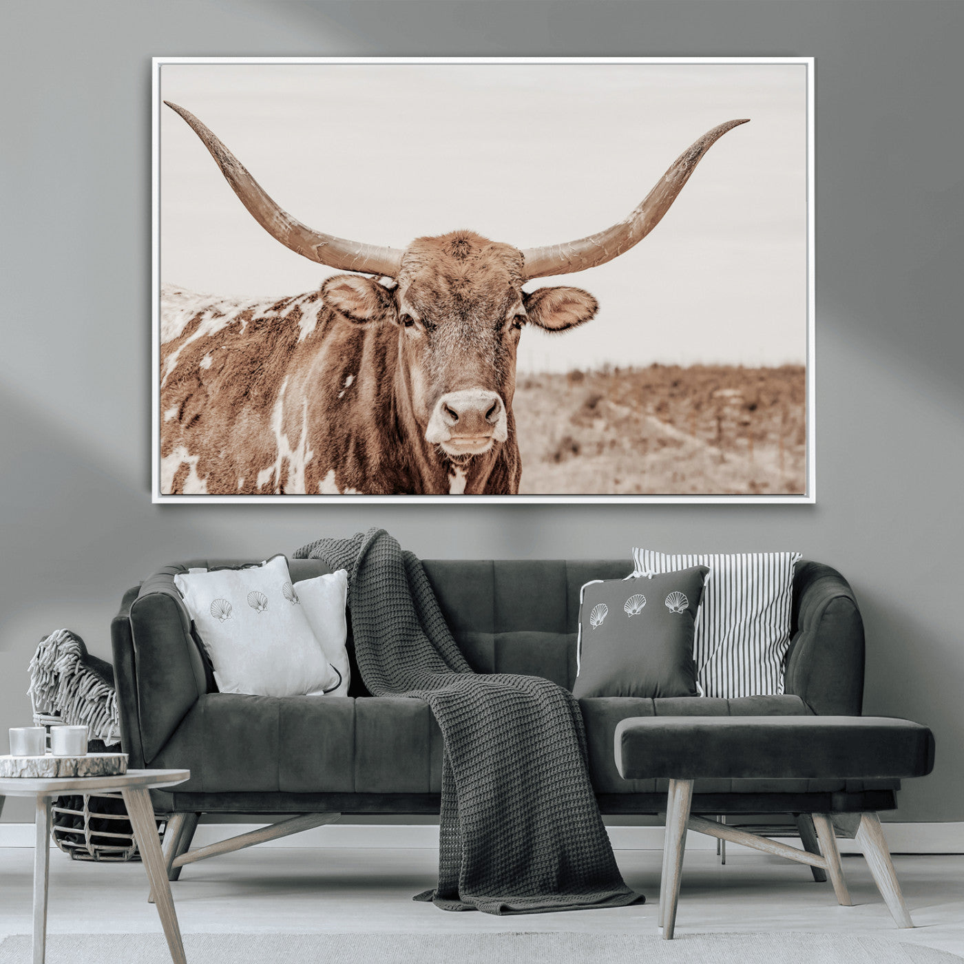 77810049-MGV-FC-36X24_White-Longhorn Bull Photo Wall Art Canvas Print, Framed Rustic Cow Decor Art Picture Print, Neutral Farmhouse Style Perfect Rustic