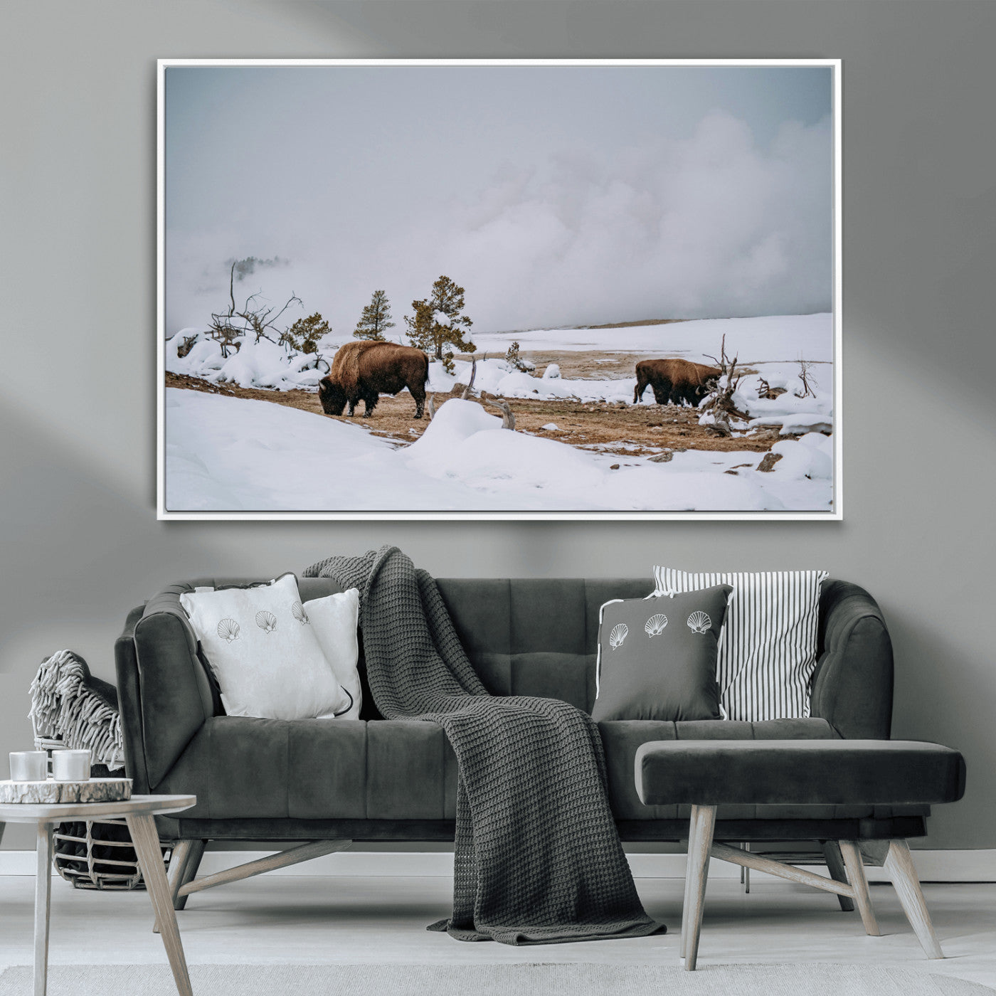 60308289-MGV-CV-36X24-Bison Wildlife Wall Art Canvas Print, Framed Snowy Prairie Art Picture Print, Western Landscape Perfect Rustic Winter Decor