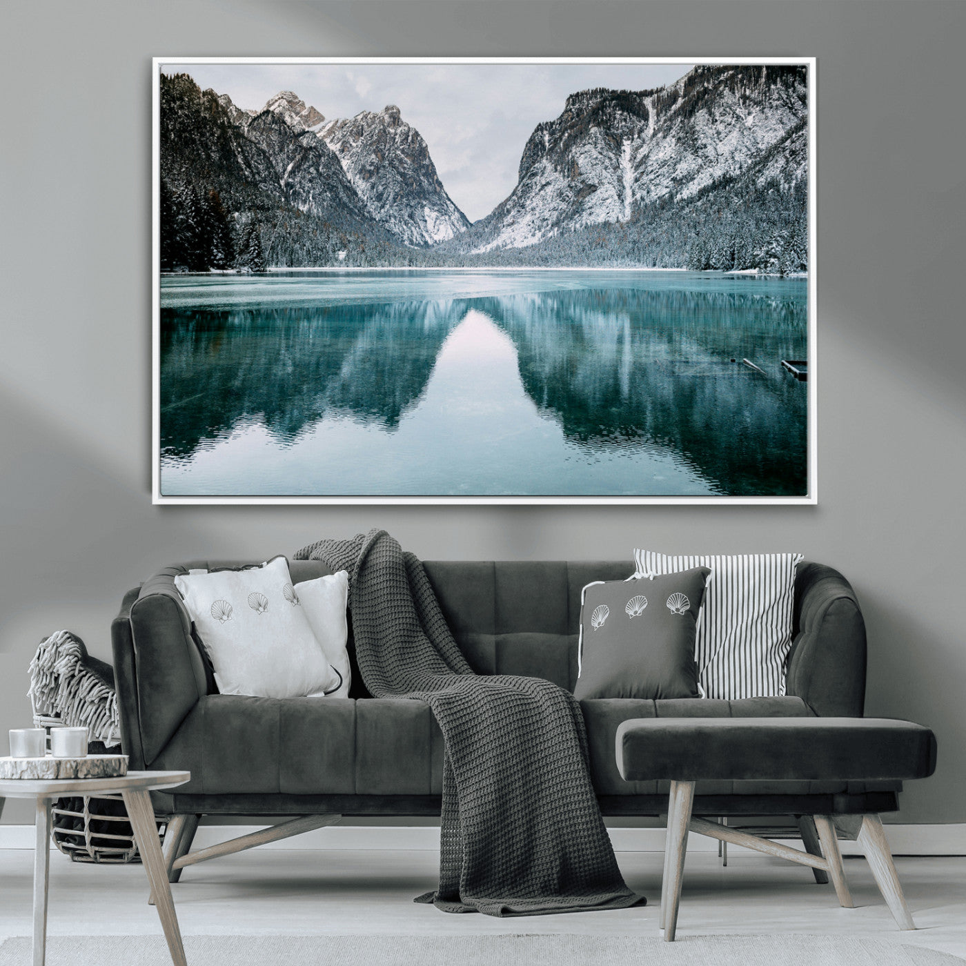 73098373-MGV-CV-36X24-Mountain Lake Wall Art Canvas Print, Framed Winter Wonderland Art Picture Print, Snowy Peaks Perfect Modern Nature Decor Artwork