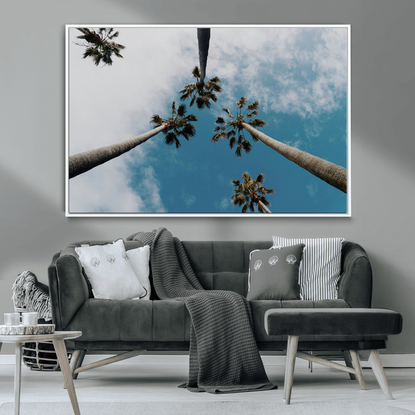 45236398-MGV-CV-36X24-Tropical Palm Trees Wall Art Canvas Print, Framed California Sky Art Picture Print, Minimalist Nature Perfect Coastal Minimalist