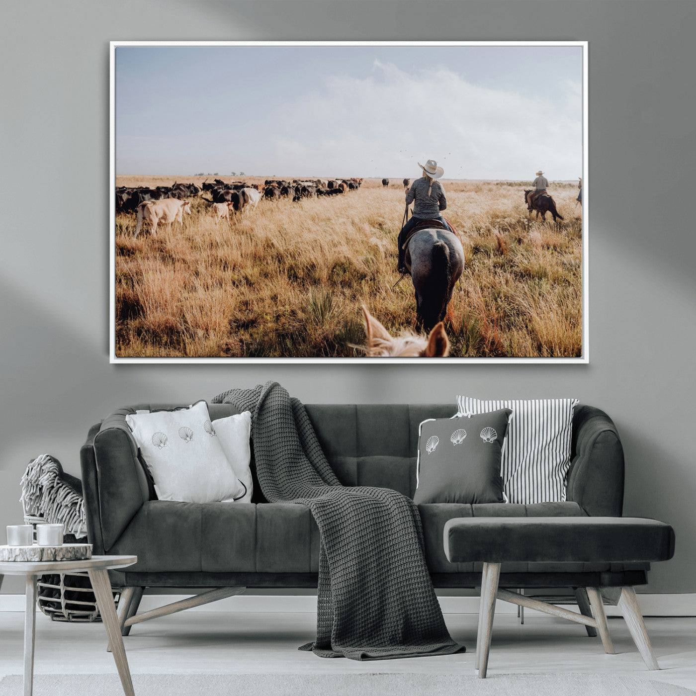 22431577-MGV-CV-36X24-Western Wall Art Wall Art Canvas Print, Framed Cowboy Canvas Art Picture Print, Cattle Drive Scene Perfect Rustic Western Decor