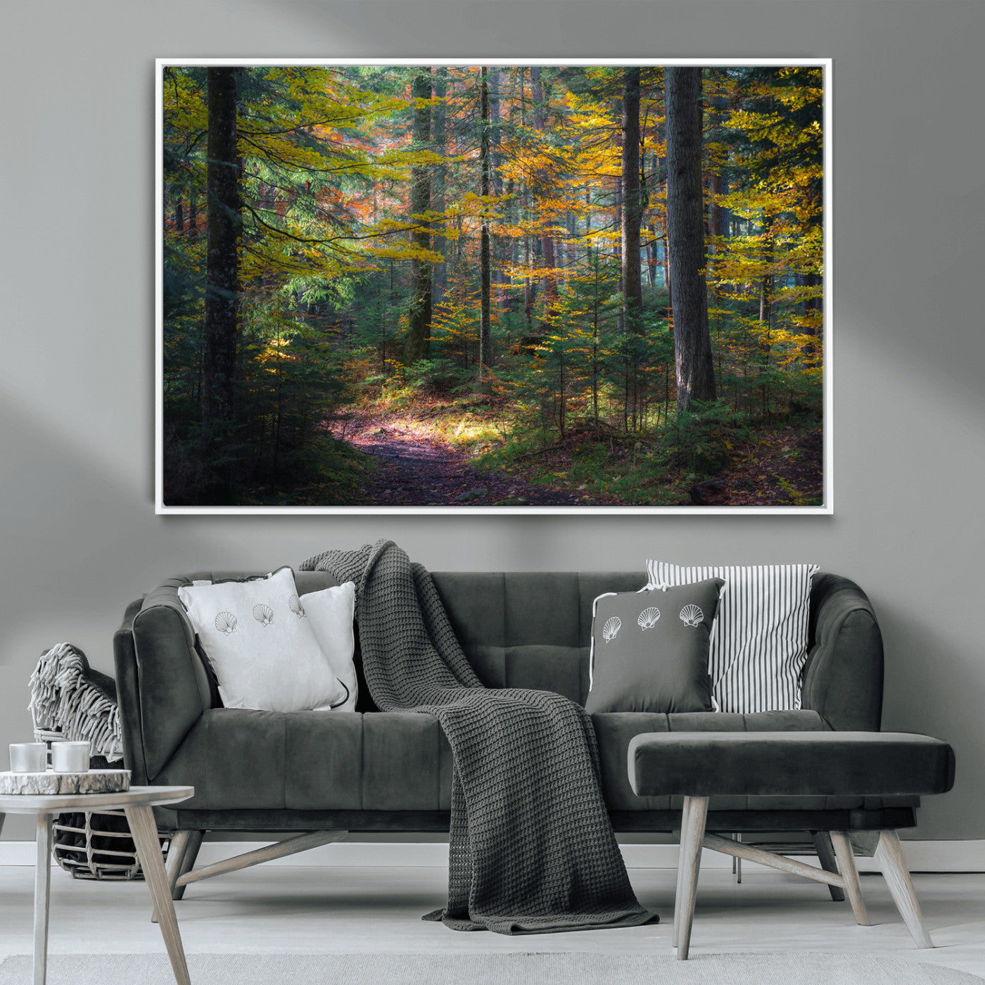 65810864-MGV-CV-36X24-Autumn Forest Wall Art Canvas Print, Framed Fall Woodland Art Picture Print, Golden Leaves Perfect Rustic Farmhouse Decor Artwork