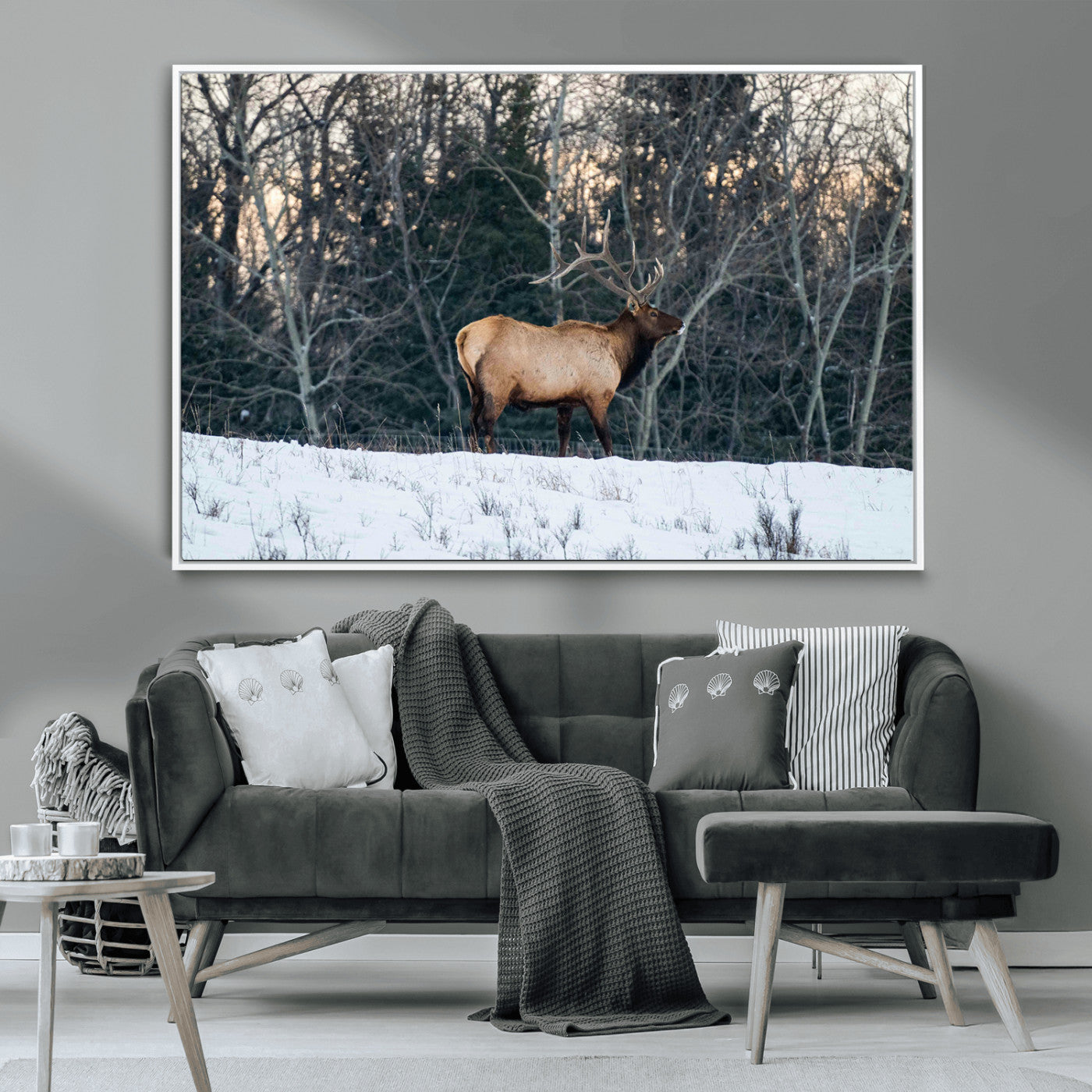36533178-MGV-CV-36X24-Wild Elk Photography Wall Art Canvas Print, Framed Winter Wildlife Art Picture Print, Snowy Forest Perfect Rustic Lodge Decor