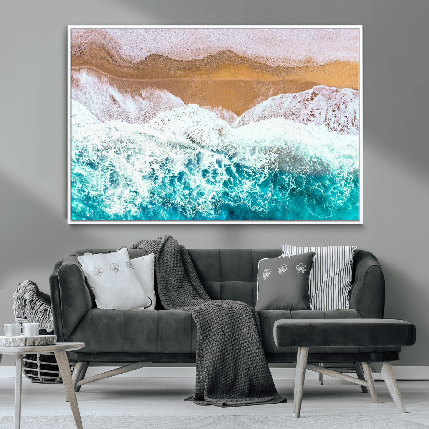 26870666-MGV-CV-36X24-Aerial Beach Wall Art Canvas Print, Framed Ocean Waves Art Picture Print, Coastal Landscape Perfect Coastal Minimalist Decor